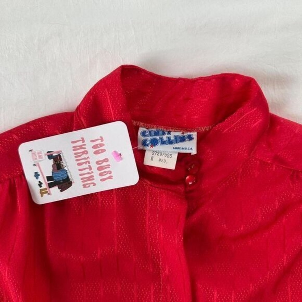 80s Cindy Collins Vintage Red Blouse Mock Neck Long Sleeve Top‎ Medium - Picture 2 of 5